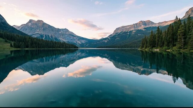 Serene Mountain Lake Reflection at Dawn with Canada.