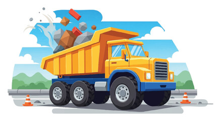 A colorful vector illustration of a yellow dumptruck with a raised bed, driving on a road with construction cones, against a blue sky with white clouds and green hills.