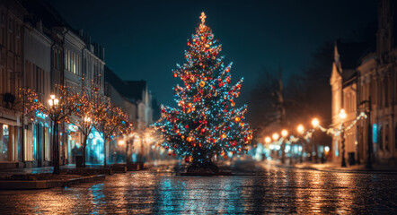 Beautifully decorated Christmas tree stands illuminated quiet street night, surrounded by glowing lights and festive decorations. atmosphere is magical and inviting, perfect for holiday season