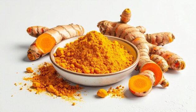 Turmeric spice still life shot with powder and roots on white background vibrant and healthy eating concept.