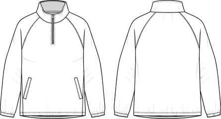Blank half zip pullover windbreaker jacket vector flat sketch template mockup with raglan sleeves front and back technical fashion illustration © BIPUL