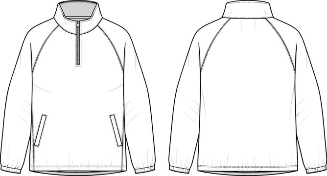 Blank half zip pullover windbreaker jacket vector flat sketch template mockup with raglan sleeves front and back technical fashion illustration