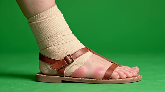 Light Tan Elastic Bandage Wrapped Around A Human Foot Inside A Brown Leather Sandal Isolated On A Green Screen Background