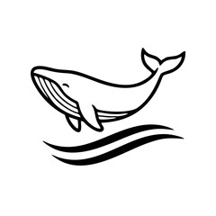 Naklejka premium Minimal Crest Whale Emblem, Whale Centered Above Two Simple Wave Lines, Black Outline