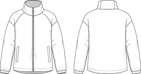 Blank technical fashion flat sketch of full zip windbreaker jacket front and back view for clothing apparel tech pack design. © BIPUL