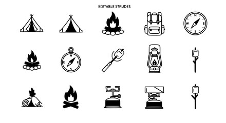 Outdoor Camping Icons Collection – High-Quality Editable Stroke Vector © MdAmzad