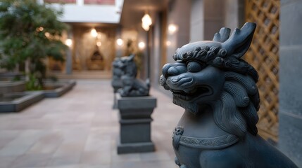 Fototapeta premium Stone guardian lions stand guard in a serene traditional courtyard with ornate architecture and soft evening light