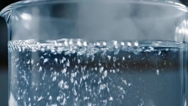 Close-up view of water boiling vigorously in a clear glass beaker, with numerous bubbles and visible steam rising from the surface.