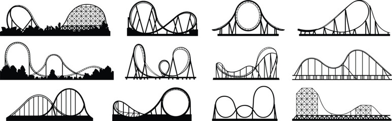 Set of roller coaster silhouettes, amusement park rides, looping tracks, thrilling attractions, high-speed fun, adrenaline rush, entertainment, theme park, black vector icons © Biplob Creatives
