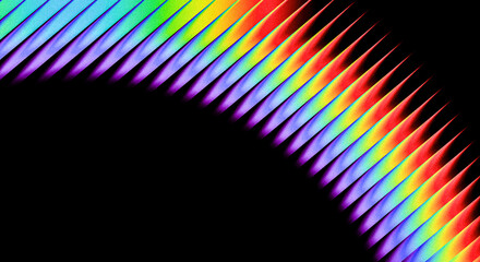 Grainy ribbed vibrant abstract pattern of rainbow colors forming a dynamic arc against a solid black background creating a striking visual effect © Muin
