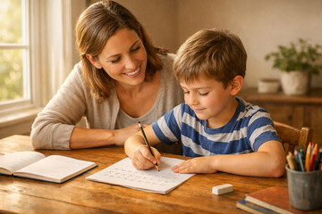 Mother Helping Son With Homework Home Education Support