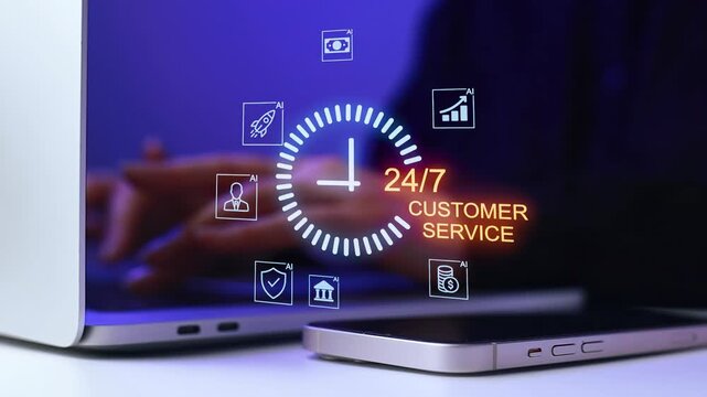 Customer service system shows 24/7 availability on a computer screen with a smartphone beside it in an office setting.