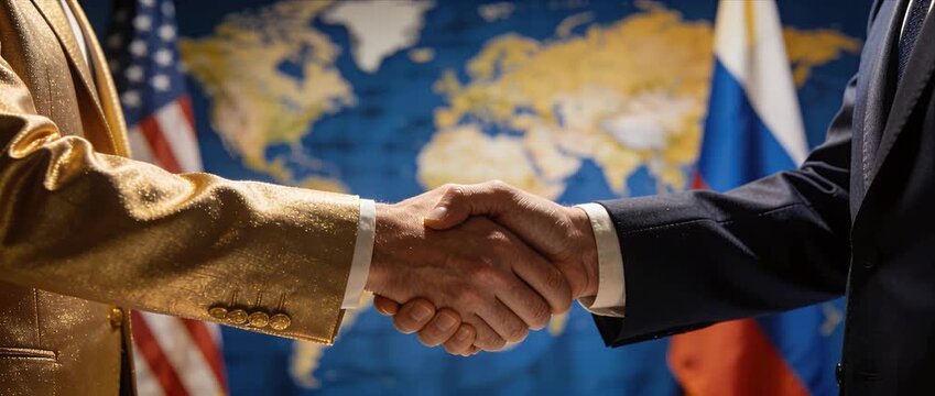 Handshake business partnership agreement in formal suit jacket symbolizing international trade cooperation and diplomacy with world map and flags background