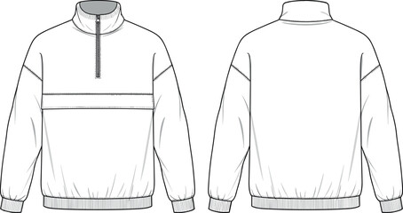 Vector technical flat sketch of blank quarter zip long sleeve pullover sweatshirt front and back view fashion clothing design template © BIPUL