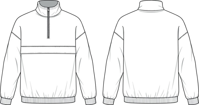 Vector technical flat sketch of blank quarter zip long sleeve pullover sweatshirt front and back view fashion clothing design template