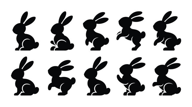 Collection of black easter bunny silhouettes in various poses on white background for graphic design