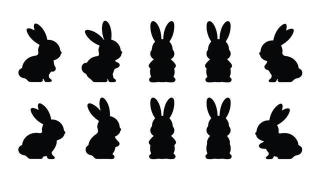 Kawaii easter bunny silhouettes in various poses on white background for decoration and design