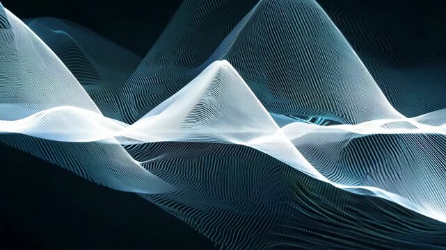 Abstract wave patterns in motion create a dynamic visual flow with translucent lines and curves against a dark background, showcasing fluidity and rhythm in design