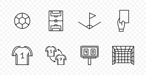 Football set icon. Ball, field, corner flag, referee card, jersey, substitution, scoreboard, goal net, match, competition, tournament, teamwork © Кирилл Макаров