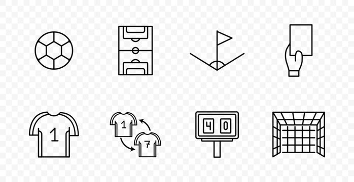 Football set icon. Ball, field, corner flag, referee card, jersey, substitution, scoreboard, goal net, match, competition, tournament, teamwork