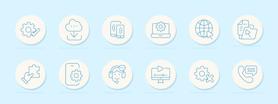 Technology service interface set icon. Minimal line badges, gear check, cloud download, devices sync, laptop settings, globe cursor, folder play, puzzle hand, smartphone gear, headset support