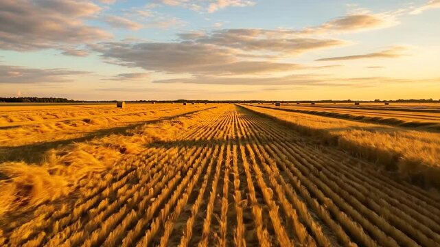Harvested Field at Sunset with Bales of Hay Expanding to the Horizon