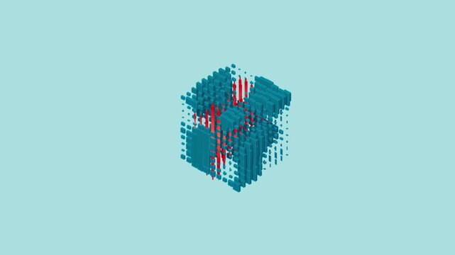 Teal voxel cube structure with vertical red glowing columns emerging from within forming a modern abstract 3D data visualization concept on a clean pastel background