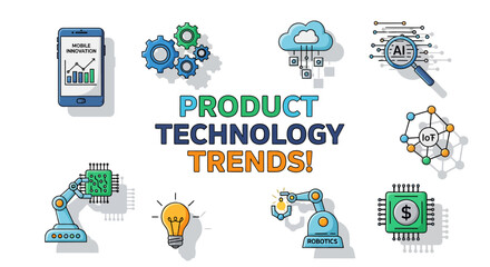 Fototapeta premium Modern technology trends concept with colorful icons of mobile innovation, robotics, and artificial intelligence.