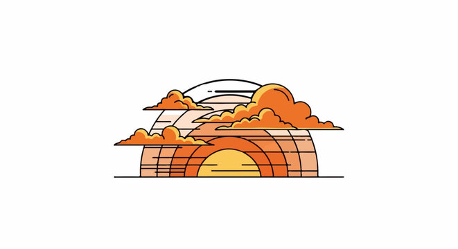 Stylized orange sunset with clouds behind concentric semi-circles
