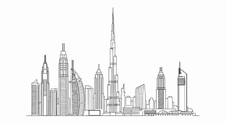 Obraz premium Stylized outline of a modern city skyline with prominent skyscrapers and unique architecture