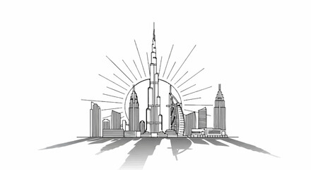 Obraz premium Stylized outline of a modern city skyline with sunburst behind