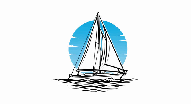 Stylized sailboat with sails full glides on blue, cloudy, round horizon