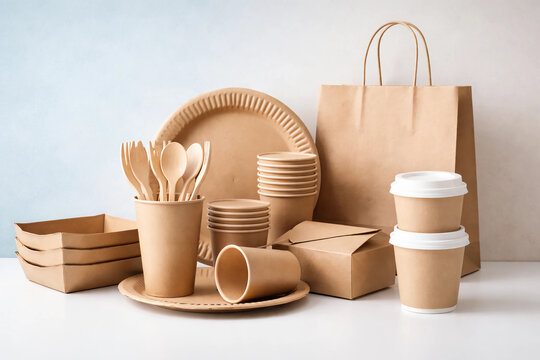 Eco friendly kraft paper takeaway packaging and tableware arranged on white table with soft blue background. Sustainable disposable cups, plates, trays and bag, minimalist concept.