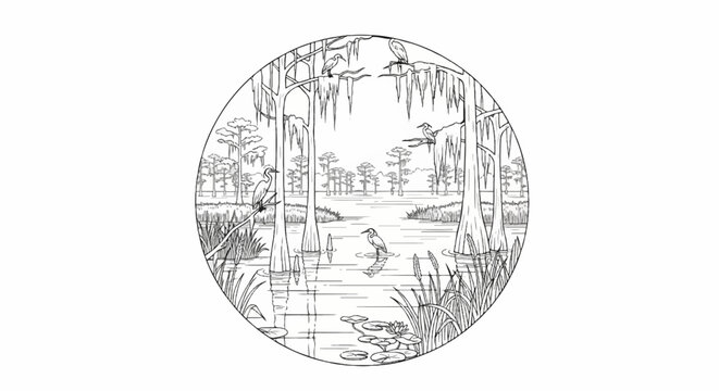 Swamp scene with birds perched on cypress trees, standing in water, and lily pads