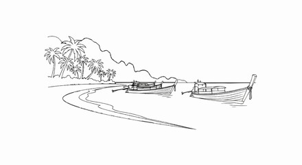 Naklejka premium Tropical beach scene with palm trees, mountains, and traditional boats on the water