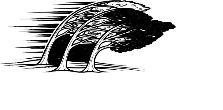 Stylized trees bending under strong wind, with horizontal streaks