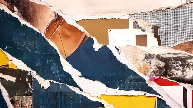 Abstract textured collage with torn edges revealing layers of paper and color blends