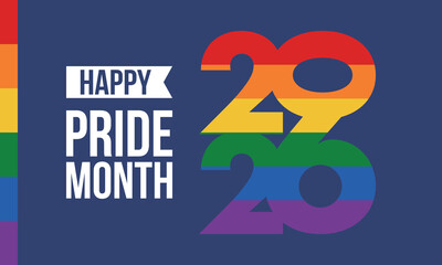 LGBT Pride Month in June. 2026. Lesbian Gay Bisexual Transgender. Celebrated annual. LGBT flag. Rainbow love concept. Human rights and tolerance. Poster, banner and background. Vector illustration