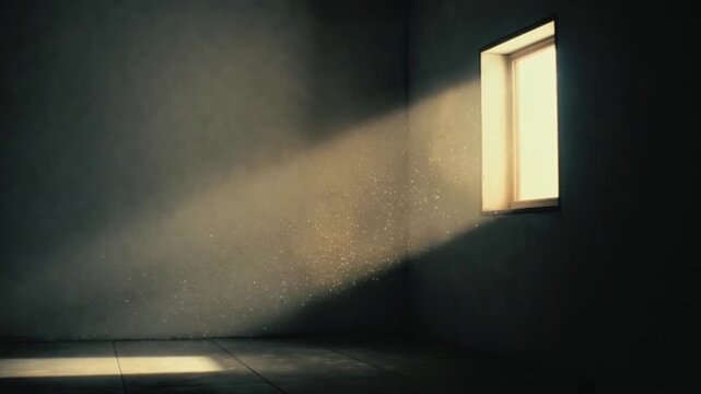 Dramatic light beam through window in dark empty room