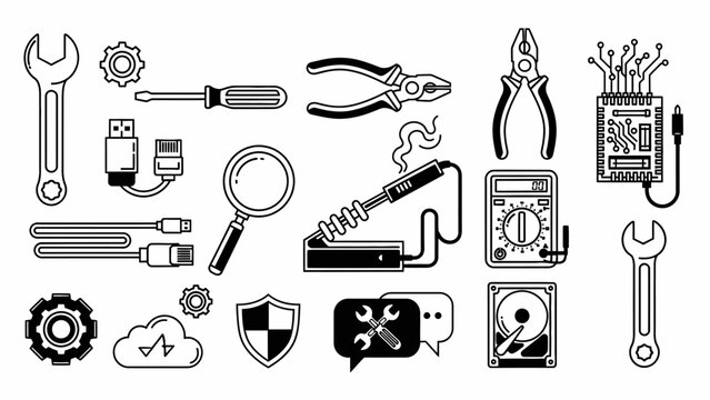 Technical repair and hardware maintenance icon set. Vector illustration of tools including soldering iron, multimeter, circuit board, pliers, and wrenches. Engineering and DIY concept.