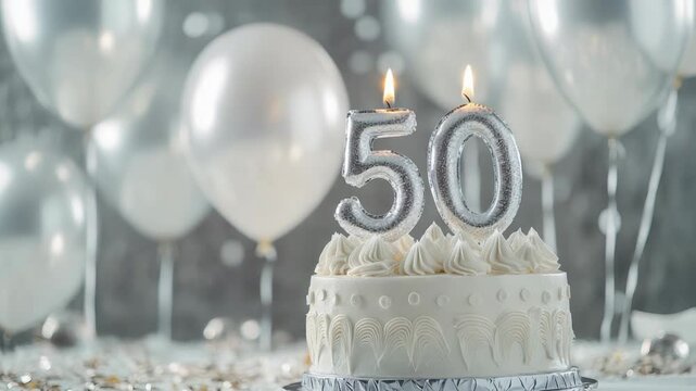 Celebratory 50th birthday cake with sparkling candles and balloons in soft focus