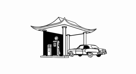 Obraz premium Stylized vintage car at a pagoda-roofed gas station with pumps
