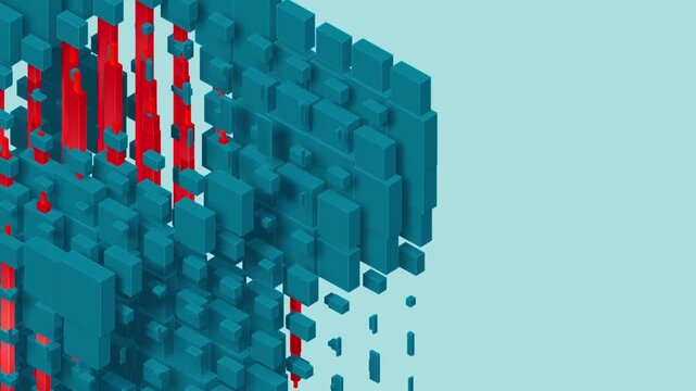 Isometric geometric teal cube composed of modular blocks with red vertical elements inside illustrating data visualization and modern digital technology concept