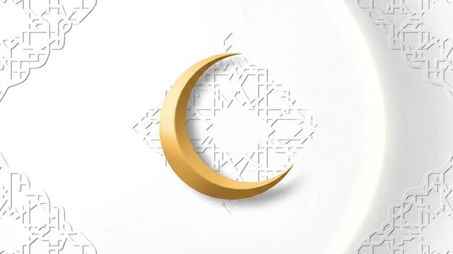 Minimal white background with soft golden crescent moon and subtle Islamic pattern emboss, gentle light sweep, clean luxury corporate Eid greeting style, seamless loop, Full HD, no sound.