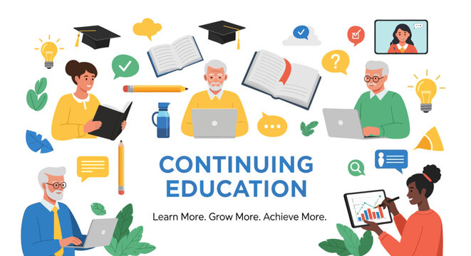 Diverse group of people and seniors using laptops and tablets for "Continuing Education". Concept of lifelong learning, online courses, and personal growth.