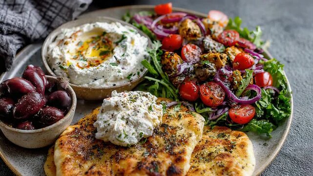 Delightful mediterranean feast with fresh ingredients and vibrant flavors on rustic plates