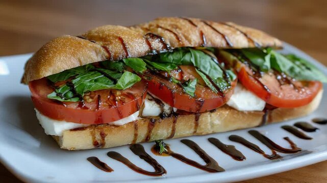 Gourmet caprese sandwich with balsamic drizzle on artisan bread