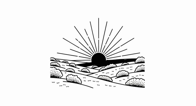 Stylized sunrise over rolling hills dotted with scrubby bushes