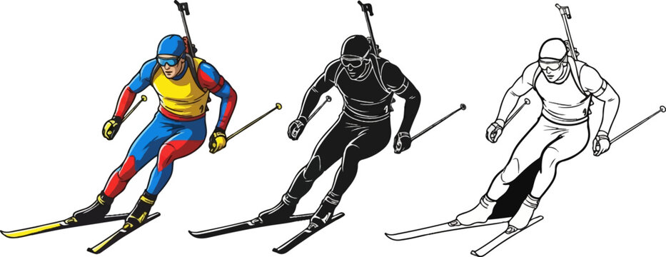 Three stylized illustrations of a biathlete skiing with poles