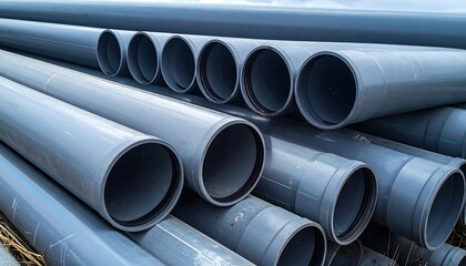 Stacked Gray Metal Pipes in Warehouse.